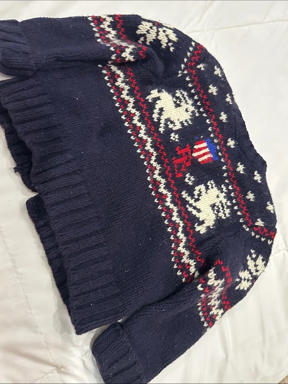 Ralph Lauren Navy Blue Knit Cardigan with White and Red Fair Isle Reindeer